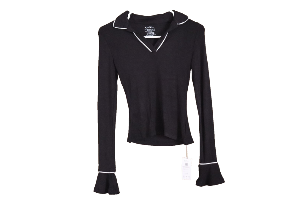 NWT OGL Black Long-Sleeve Polo Top with White Trim Size XS